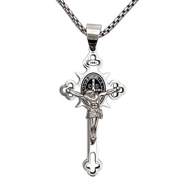 Imagem de Tapp Collections Colar com pingente de cruz de crucifixo de São Bento de aço inoxidável INRI, Prata, Pendant: 60 x 32 mm; Necklace: 22" + 2" extension