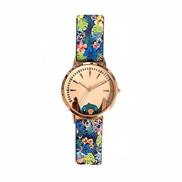 Imagem de Accutime Relógio de pulso feminino Disney Lilo & Stitch azul dégradé analógico de quartzo com rosto pequeno, detalhes dourados para meninas, estampa floral na pulseira do relógio (modelo: LAS5019AZ), Dourado, Relógio de pulso analógico