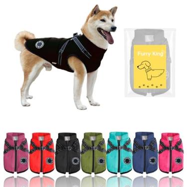 Imagem de Casaco de inverno Furry King Dog com arnês, 7 cores, impermeável, forrado com lã. (preto, grande)