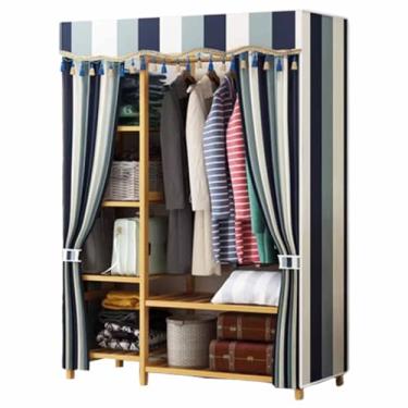 Imagem de Guarda-roupa Novo armário de guarda-roupa duplo reforçado engrossado madeira maciça pendurado guarda-roupa borla listra azul oxford pano tecido armário armário