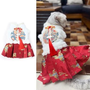 Imagem de BAMY Saia de Ano Novo para Cachorro e Cavalo Quente Gato Cheongsam Roupas de Inverno para Animais de Estimação Casaco Fantasia de Natal para Gatos Bichon Pequeno Médio Cães (GG (Circunferência do