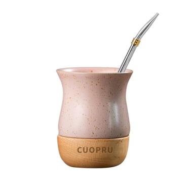 Imagem de Copo de erva mate de cerâmica de 227 g com base de madeira original, inclui cabaça mate, canudo Bombilla e escova de limpeza - perfeita para erva mate tradicional e caneca de bebida de estilo moderno