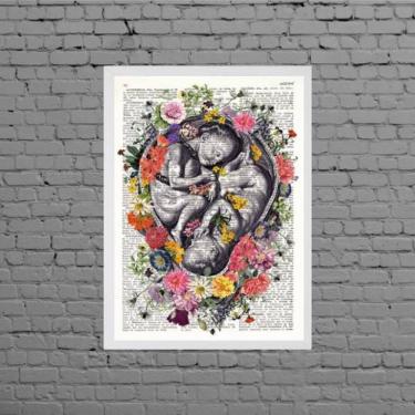 Imagem de Quadro Fetos Gêmeos Com Flores 33X24Cm Moldura Branca