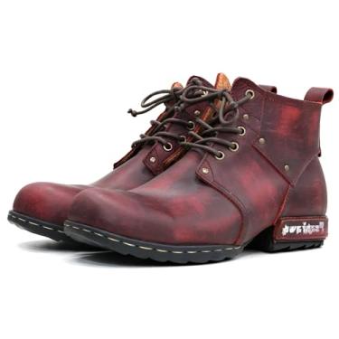 Imagem de Psanfawq Botas masculinas de motocicleta, botas de caubói casuais rígidas e largas com bico redondo, botas de couro de equitação modernas para homens com cadarços, botas de combate masculinas de couro