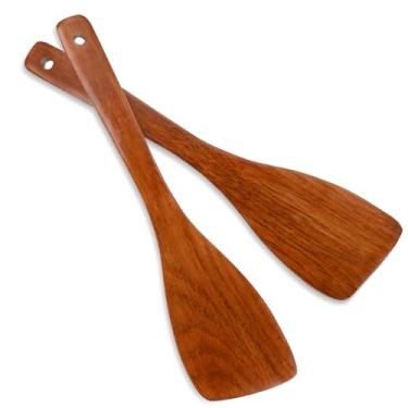 Imagem de Conjunto de 2 espátulas de madeira para cozinhar – Espátulas de madeira natural de 33 cm para panelas antiaderentes, espátulas planas em forma de chifre, utensílios de cozinha de madeira de cabo longo