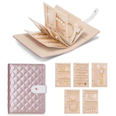 Imagem de WOOMADA Estojo organizador de joias de viagem, livro dobrável de armazenamento de joias de veludo com bolsa de zíper transparente para anéis, colares, brincos, pulseiras (rosa pérola)