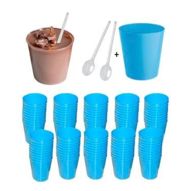 Imagem de Kit 100 Copinhos 25ml com Colheres + 100 mini colher - AZUL CLARO - para Doces e Sobremesas