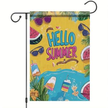 Imagem de Starlit Patio Hello Summer Bandeira de jardim melancia picolé de gelo faixa tropical 30,5 x 45,7 cm decoração externa dupla face para varanda piscina gramado estilo desenho animado sazonal férias de