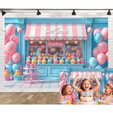 Imagem de Pano de fundo Sweet Shoppe de 1,8 m x 1,8 m rosa azul sobremesa menina princesa festa de aniversário decoração de fundo banner chá de bebê sorvete bolo decoração de mesa photoshoot Studio adereços