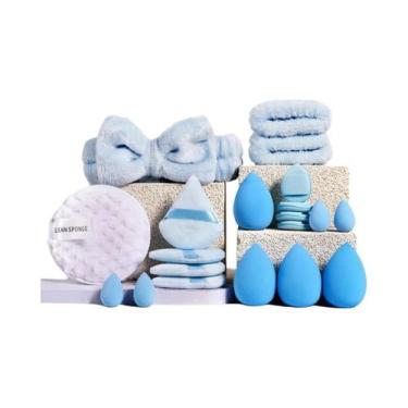 Imagem de Kit De Maquiagem Azul Com Pincel Esponja Faixa De Cabelo Pulseira Mini