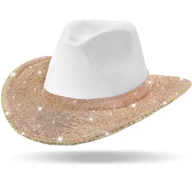 Imagem de Hercicy Chapéu de cowboy de strass com franja de diamante, chapéu de vaqueira com largura ocidental para cosplay de casamento, branco, champanhe, tamanho �nico