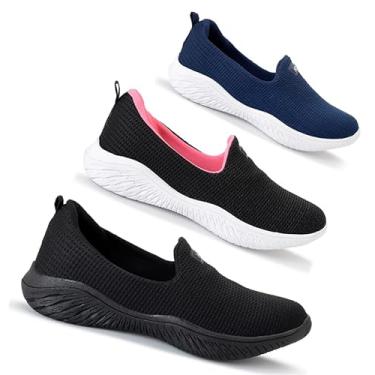 Imagem de Kit 3 Sapatilha Feminina Ortopédica Calce Fácil Sem Cadarço Leve Confortável (Preto Rosa/Marinho/Preto, BR, Adulto, Numérico, 36)