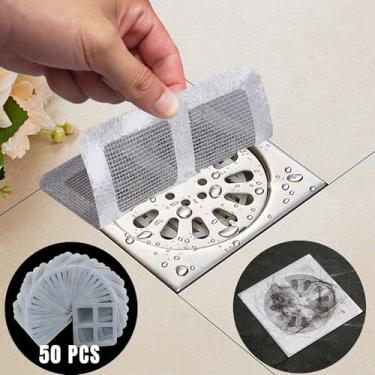 Imagem de TANTASY Pacote Com 50 Protetores De Ralo Chuveiro Coletor Cabelo, Adesivos Malha Descartáveis 10 Cm X Cm, Para Banheira, Protetor Piso Quadrado, Banheiro, Lavanderia, Banheira (50 Peças)