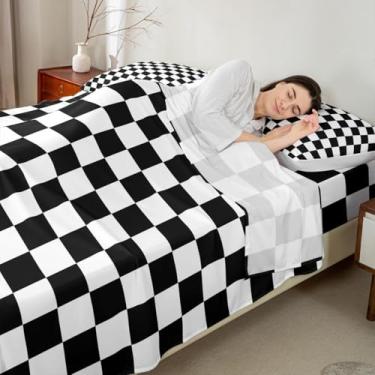 Imagem de Manfei Jogo de cama casal xadrez preto e branco, quadriculado geométrico, reversível, quadriculado, 4 peças, lençol com elástico + lençol de cima + 2 fronhas