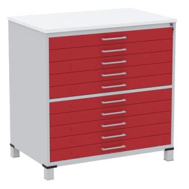 Imagem de Mapoteca 10 Gavetas Pandin 120cm (larg) Inmetro Tampo Mdp Branco Estrutura Aço Cinza Gaveta Vermelha