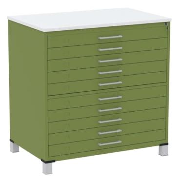 Imagem de Mapoteca 10 Gavetas Pandin 120 cm (larg) Inmetro Tampo Mdp Branco Estrutura e Gavetas em Aço Verde