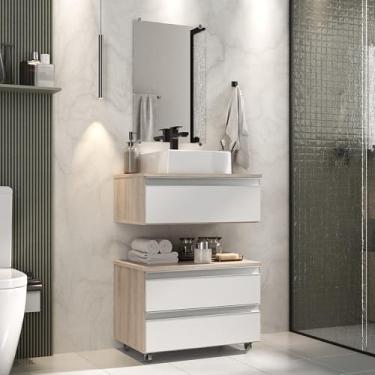 Imagem de Gabinete Banheiro Creta 60cm (02 armários + cuba + espelho) (Madeirado/Branco)