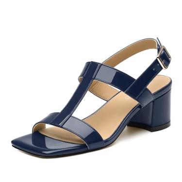 Imagem de MODENCOCO Sandália feminina de salto baixo grosso com fivela elegante e confortável para encontros com tira no tornozelo, bico aberto, 5 cm, Azul marinho, 8.5