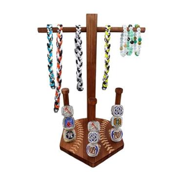 Imagem de Suporte de anel de beisebol de madeira para beisebol ou softball, colar de gotejamento, suporte organizador de anel de campeonato, joias para presente, marrom
