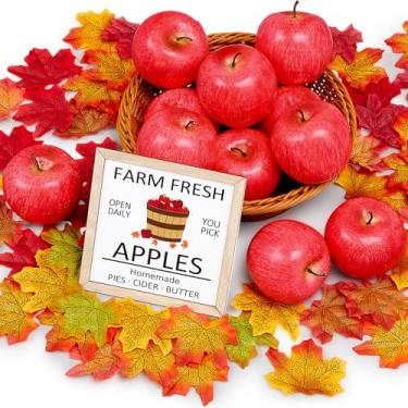 Imagem de Norme 63 peças de decoração de fazenda colheita de outono, 12 maçãs artificiais de frutas falsas, 50 folhas de bordo decorativas e 1 peça de enfeites de mesa de madeira para colheita de casa, festa de