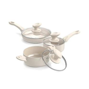 Imagem de Conjunto de Panelas Antiaderentes com Tampa de Vidro, 3 Peças, Compatível com Todos os Fogões, Bege