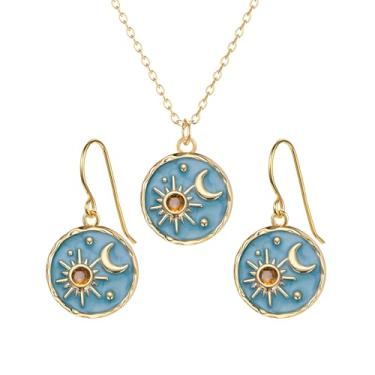 Imagem de Dreuyet Conjunto de brincos e colar vintage de sol e lua para mulheres boho antigo sol crytal lua pingente brincos colar exclusivo feito à mão com moeda redonda celestial presentes, Middle, Liga de