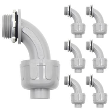 Imagem de AIRTAK Pacote com 7 conectores de conduíte estanques líquidos não metálicos de 1/2 polegada, NPT de 90 graus para conduíte elétrico flexível de PVC, cinza - uso ao ar livre.