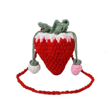 Imagem de XIAYUPAGU Bolsa de malha feita à mão de lã em forma de morango bolsa de ombro feminina bolsa transversal com cordão, Vermelho, Bonito
