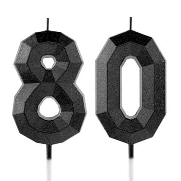 Imagem de Vela de aniversário de 80 anos, preta, número 80 velas, design 3D, enfeite de bolo, decoração de feliz aniversário, para mulheres, homens, casamento, aniversário, celebrações, artigos de festa