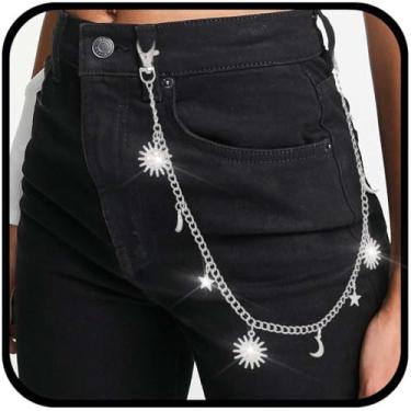 Imagem de Urieo Calça punk Sun Jeans corrente pingente lua corrente carteira ouro corrente estrela gótico metal hip hop bolso corrente para mulheres, one size, liga metálica, Sem Pedra Preciosa