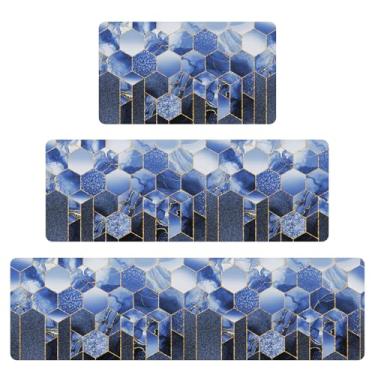 Imagem de XLHOMO Tapetes de cozinha – Conjuntos de 3 tapetes de cozinha, de couro nappa, à prova d'água, tapete de cozinha azul para cozinha, entrada, banheiro, sala de estar (44 x 76 cm + 44 x 119 cm + 44 x
