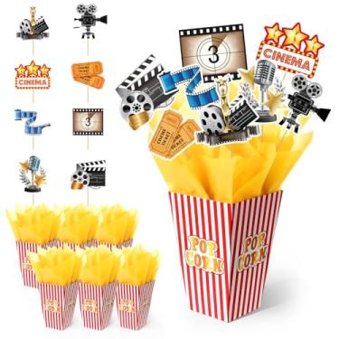 Imagem de LemonRoad 6 Sets 74 Pcs Movie Night Party Centerpieces Movie Night Theme Decorations Ticket and Star Table Toppers with Popcorn Box Theater Cutouts and Sticks for Theater Party Birthday Decor