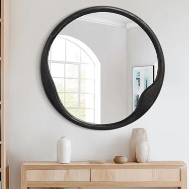 Imagem de Espelho de parede 71 cm preto espelho circular de banheiro moldura de madeira espelhos decorativos modernos para quarto sala de estar entrada