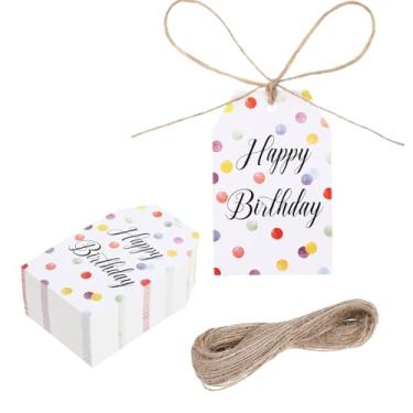 Imagem de 100 etiquetas de presente de feliz aniversário, cordão de aniversário, etiquetas de presente de papel coloridas para meninos ou meninas, chá de bebê, lembrancinhas de festa (8,5 x 5,5 cm)