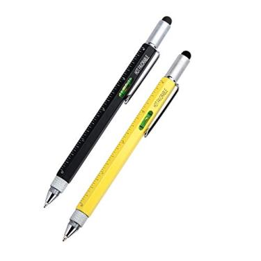 Imagem de Hot Favorable Kit de ferramentas 6 em 1 para caneta de metal com chave de fenda, 6 em 1 – Conjunto multifuncional de ferramentas faça-você-mesmo de alumínio resistente – Caneta esferográfica/nível de bolha/régua de 4 polegadas/bit de cabeça chata Phillips – 2 unidades