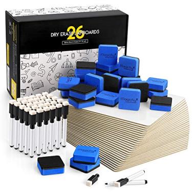 Imagem de Magicfly Quadros brancos pequenos, quadro apagável a seco pacote com 26, mini quadros brancos de 23 x 30 cm de dupla face para estudantes, sala de aula, professores, material escolar, escritório, com 32 canetas e 26 borrachas