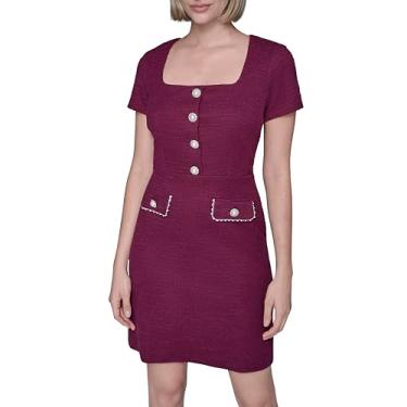 Imagem de Karl Lagerfeld Paris Vestido feminino manga curta stretch textura tweed evasê, Vinho, 38