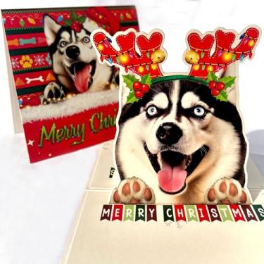 Imagem de Cartão Pop Up de Natal Husky – Cartão comemorativo 3D com adorável cão Husky com chifres de rena festivos, perfeito para amantes de cães, vale-presente de Natal exclusivo para amigos e familiares