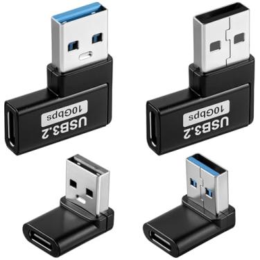 Imagem de Pacote com 4 adaptadores USB para USB C de 90 graus, conector extensor USB A macho para tipo C fêmea de ângulo reto tipo C fêmea para conversor macho adaptador de plugue para PC, laptop, carregador
