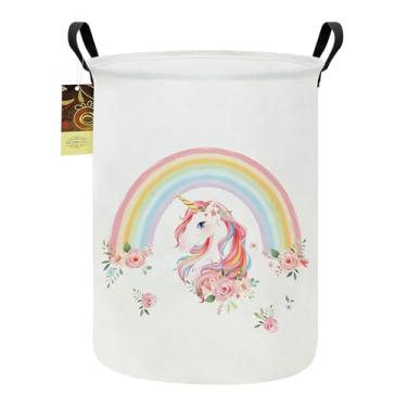 Imagem de HUNRUNG Cesto de lavanderia, cesta de armazenamento leve de tecido de lona grande organizador de brinquedos roupas sujas dobrável à prova d'água para dormitórios universitários (redondo - unicórnio