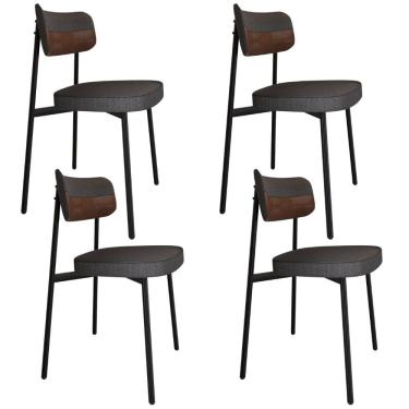 Imagem de Kit 04 Cadeiras Estofada Para Sala de Jantar Astrid Preto C01 Linho Preto Courino Whisky - Lyam Decor