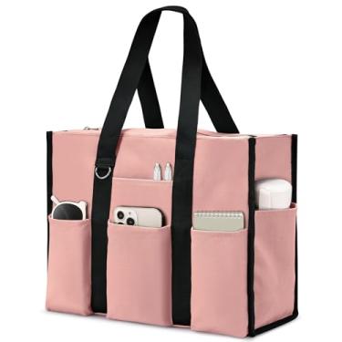 Imagem de Becokan Bolsa feminina grande, impermeável, com 12 bolsos, fecho de zíper, utilitária, professora, enfermeira, para trabalho, escola, rosa, Medium
