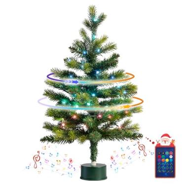 Imagem de Árvore de Natal artificial pré-iluminada de 0,7 m com base musical e rotação de 360°, design móvel sem fio, galho dobrável e 50 luzes de LED multicoloridas, funções reguláveis e de temporizador
