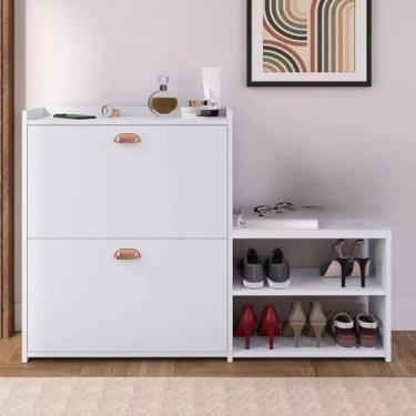 Imagem de Sapateira Banquinho 21 Pares Sapato Organizadora Prateleira Gaveta Basculante Hall De Entrada(MILANO Branco Brilhante)