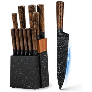 Imagem de Conjunto de Facas em Aço Inoxidável com Bloco de Madeira, 12 Peças, Vvwgkpk, Marrom