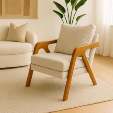 Imagem de Cadeira de Acento Mona, Tecido de Linho Areia, Pés de Madeira Sólida Ideal para Cantinho de Leitura e Relaxamento