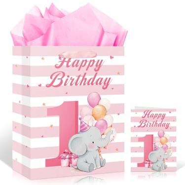 Imagem de Bolsa de presente de elefante rosa grande para bebês meninas, bolsa de presente de primeiro aniversário com alças de papel de embrulho, cartão de felicitações, faixa rosa branca, balão de elefante