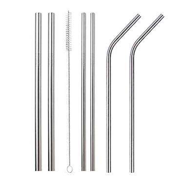 Imagem de Kit Família com 6 Canudos de Inox Reutilizáveis + 2 Escovas de Limpeza – Canudos 8mm para Shake, Sucos e Smoothies (Prata)