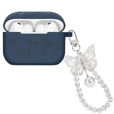 Imagem de Capa de silicone compatível com AirPods Pro 3 geração 2025 com chaveiro borboleta, capa protetora com design de flor gravada para mulheres, capa de TPU macio à prova de choque, anti-arranhões, azul