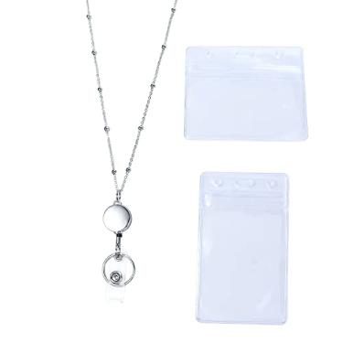 Imagem de Cordão retrátil masculino DIY com contas de aço inoxidável clipes de chaveiro à prova d'água cartão de nome (prata)